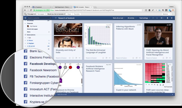 Skärmdump som visar hur man kan prenumerera på Facebookinnehåll i Inoreader.