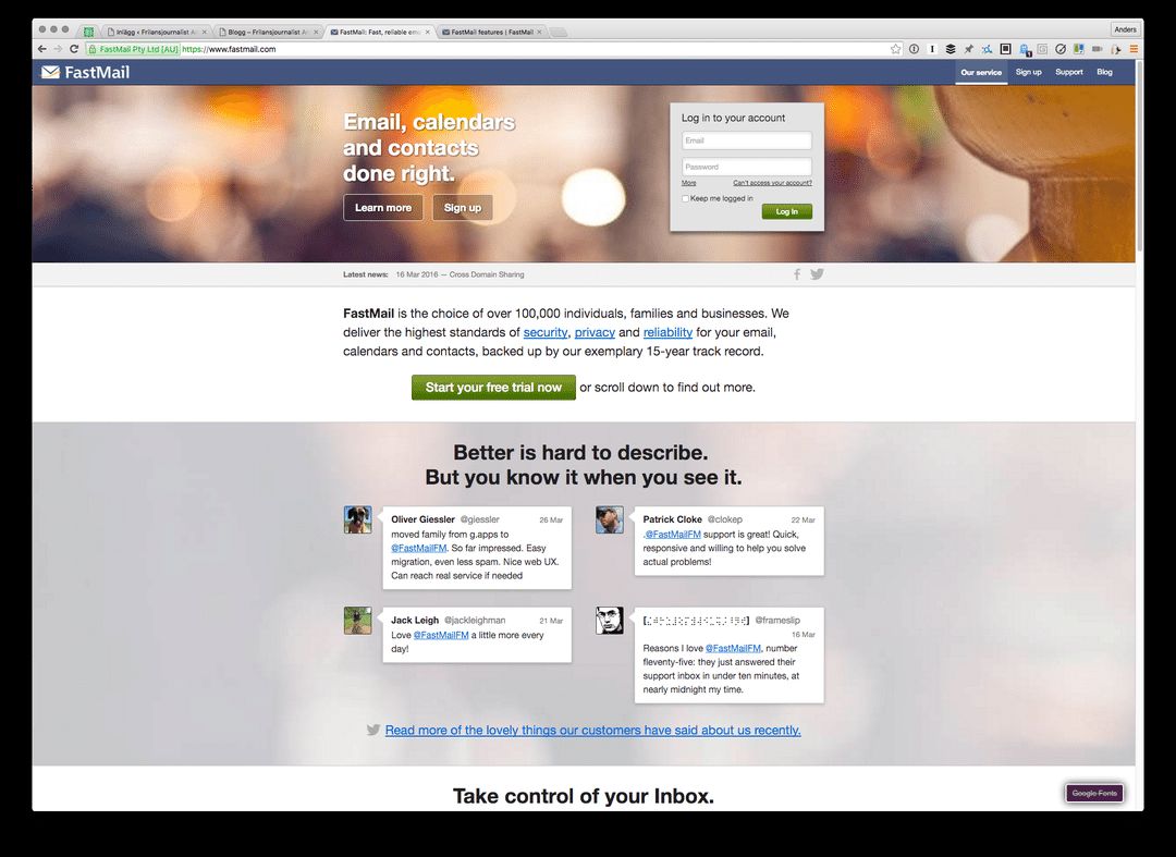 Skärmdump av Fastmails landningssida.