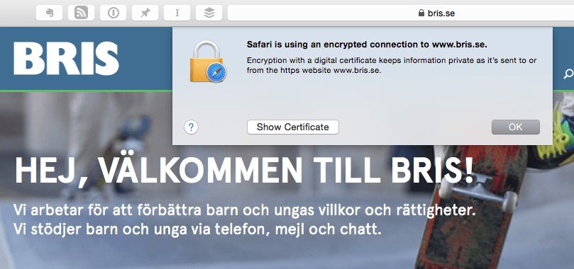 Skärmdump som visar att bris.se saknade kryptering.