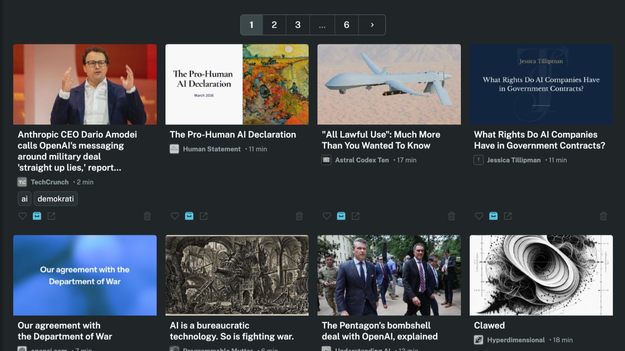 Min läst-lista i Readeck.